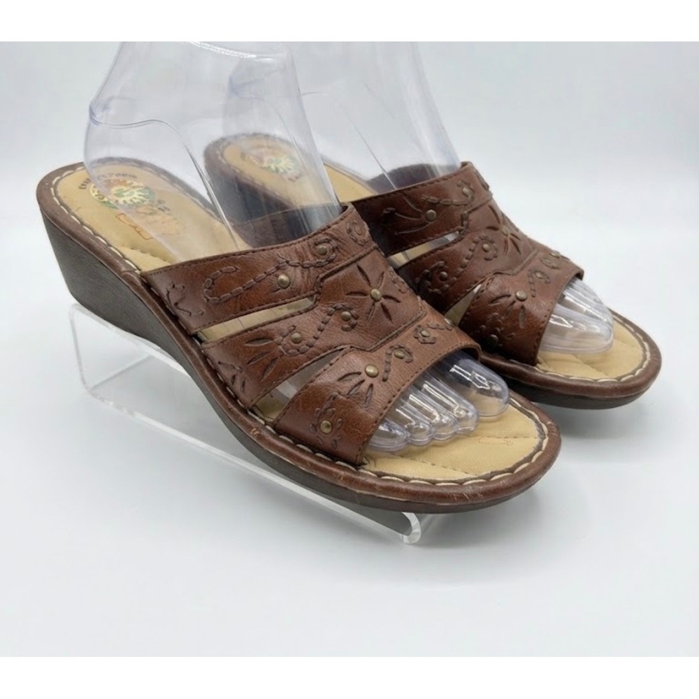 Earth Spirit Brown Leather Floral Cutout Wedge Slide Sandals 8 Y2K Hippie Boho